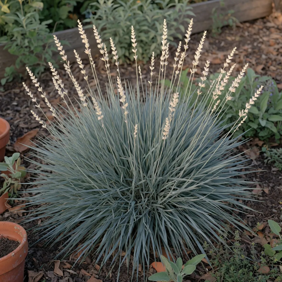 A clump of blue oat grass showing its narrow blue-green leaves and tall cream-colored flower spikes in a garden bed.