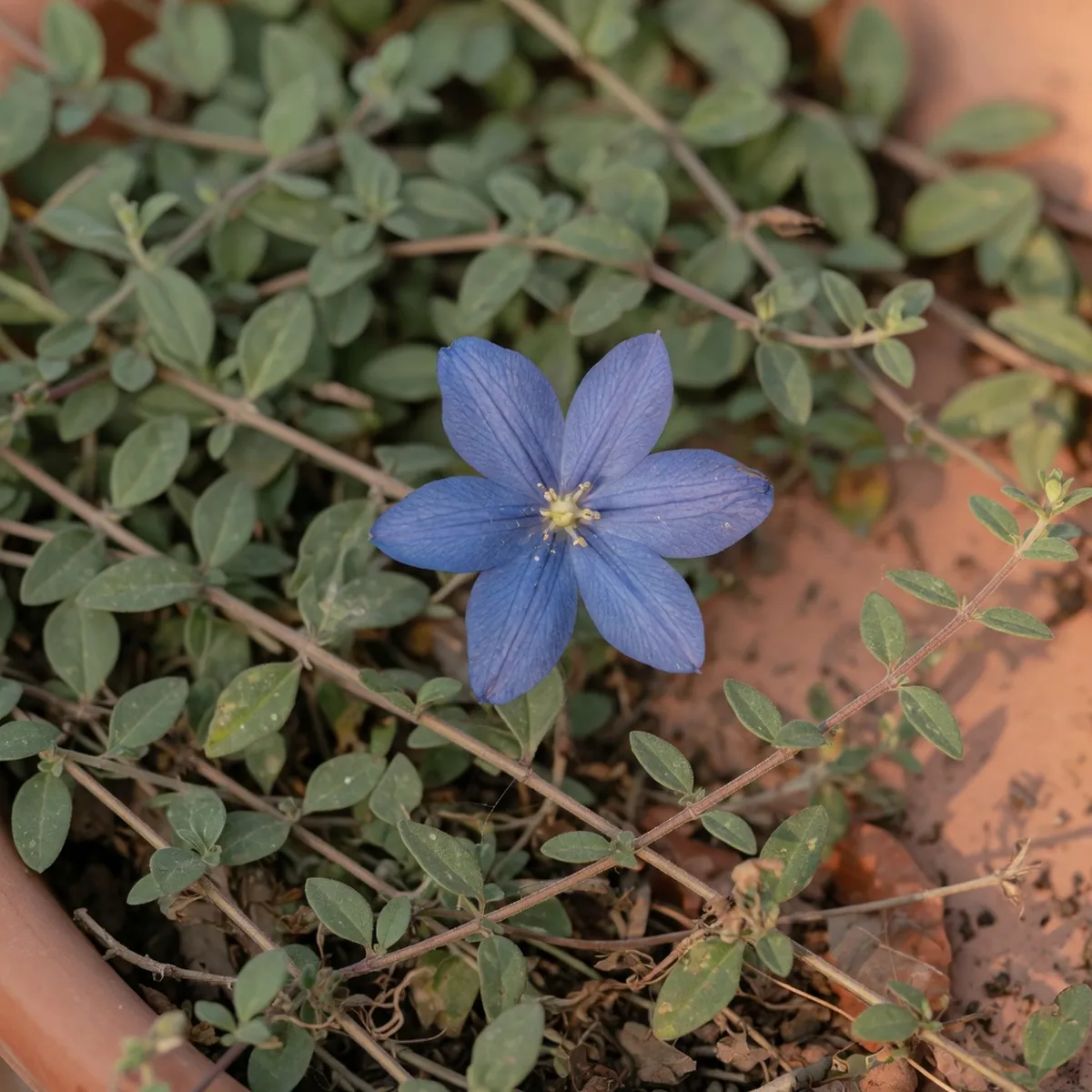 A close-up view of a single tapered blue flower with visible petals against a blurred green background.