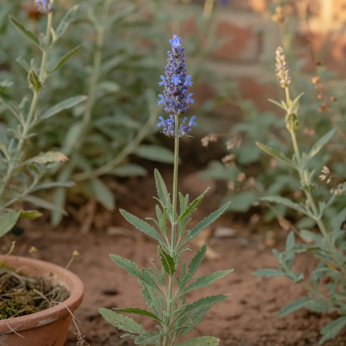 A close-up of narrow, serrated blue vervain leaves and a dense spike of lavender-blue flowers against a soft green background.