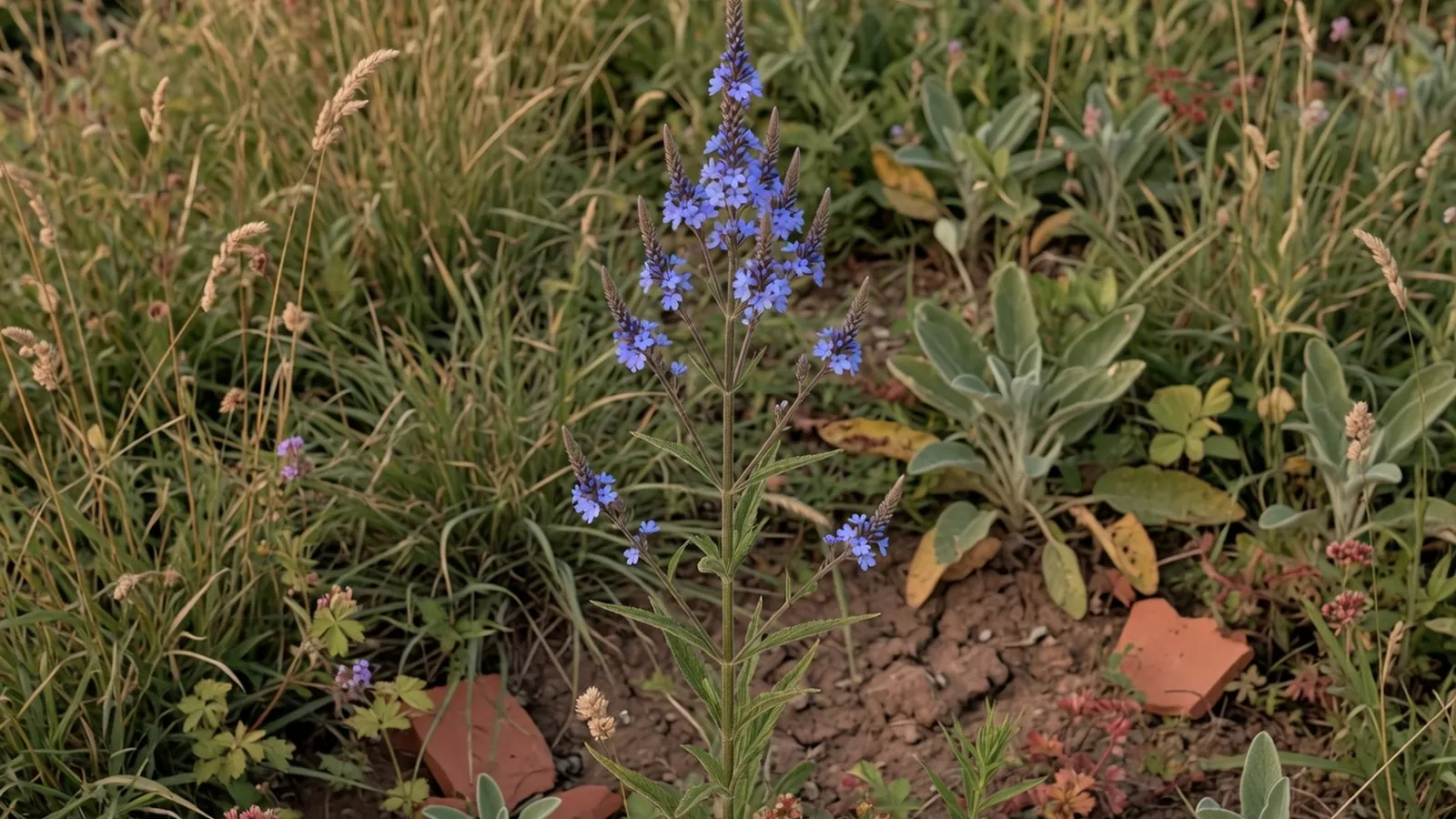 A tall, slender blue vervain plant with a dense spike of lavender-blue flowers growing in a natural field setting.