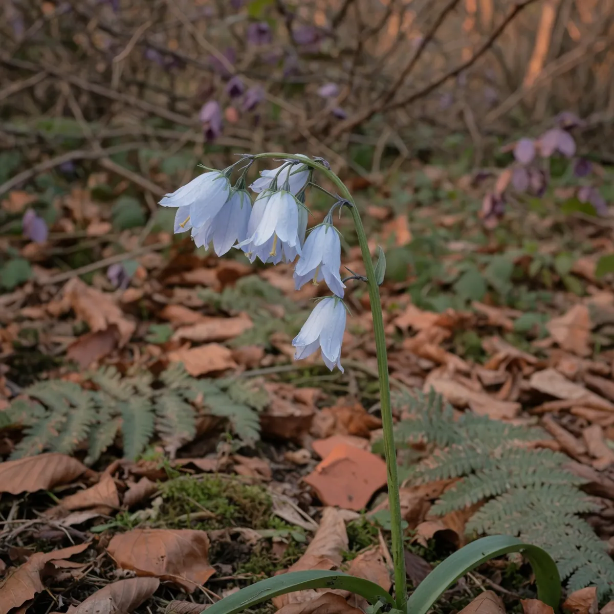 A single stem of bluebell flowers hanging downward with petals curving outward at the tips.