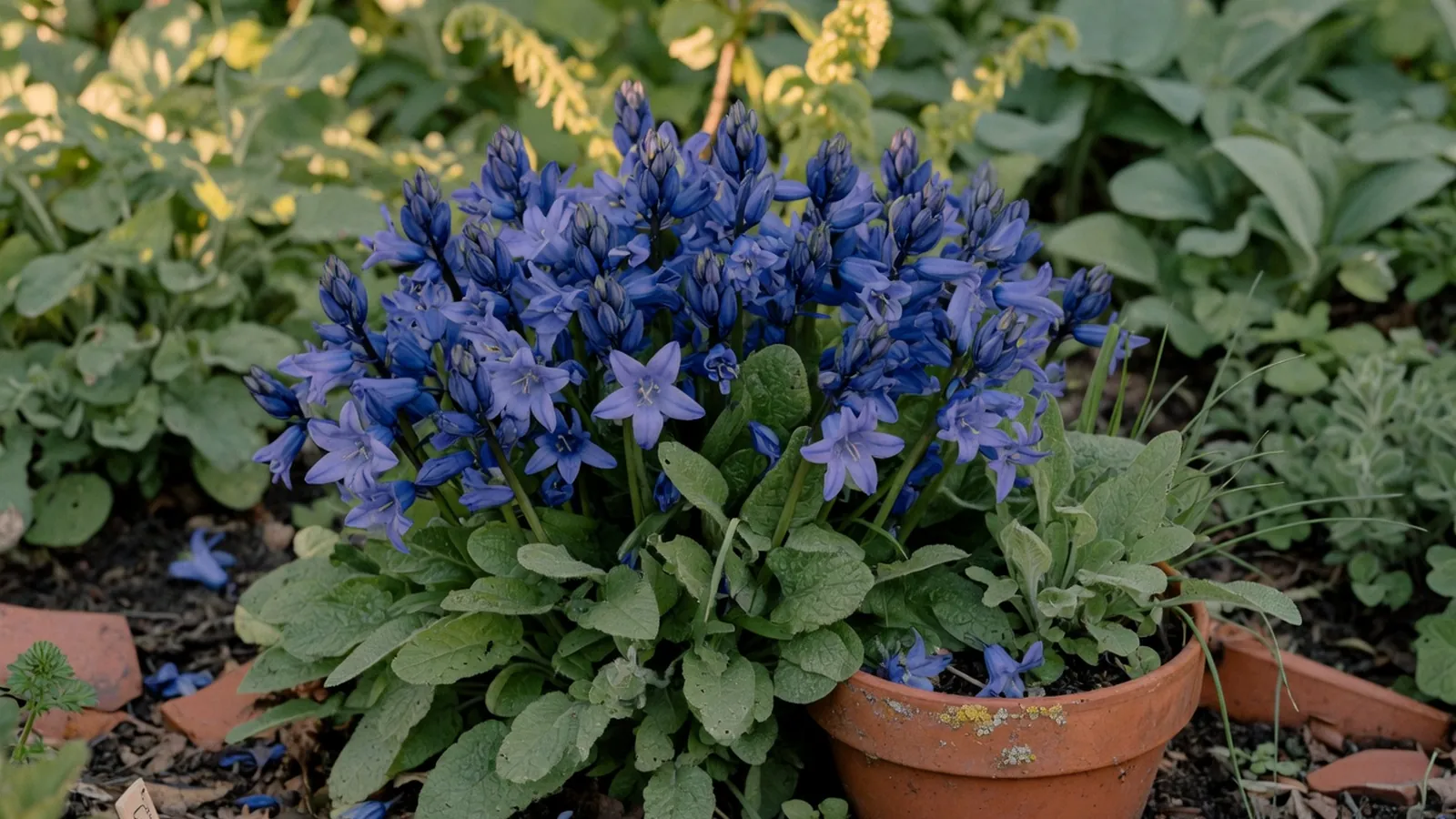 A cluster of vibrant bluebell flowers blooming in a spring garden with soft green foliage.