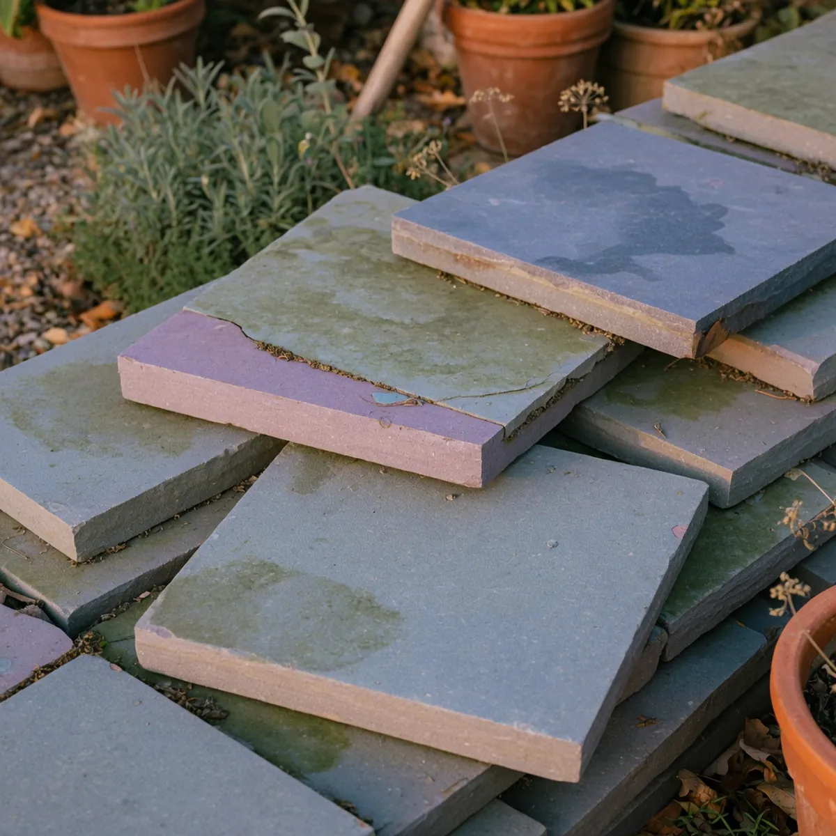 Layered bluestone pavers display natural blue, green, and lilac tones against a blurred garden background.