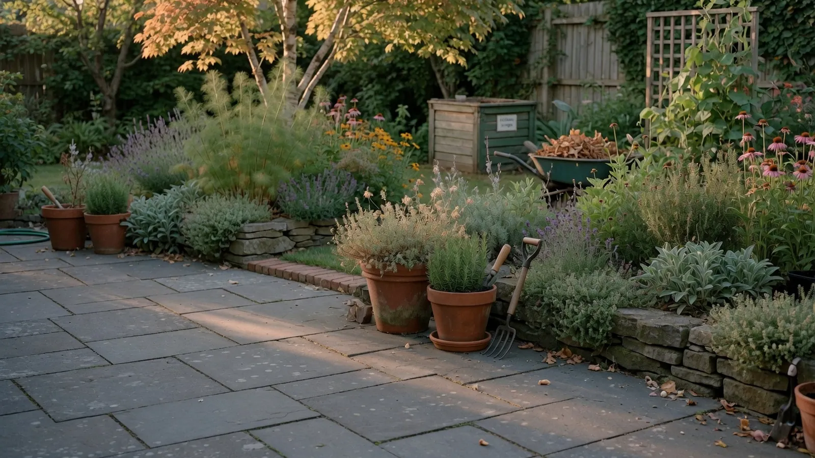 A finished bluestone patio sits surrounded by green garden foliage under bright daylight.