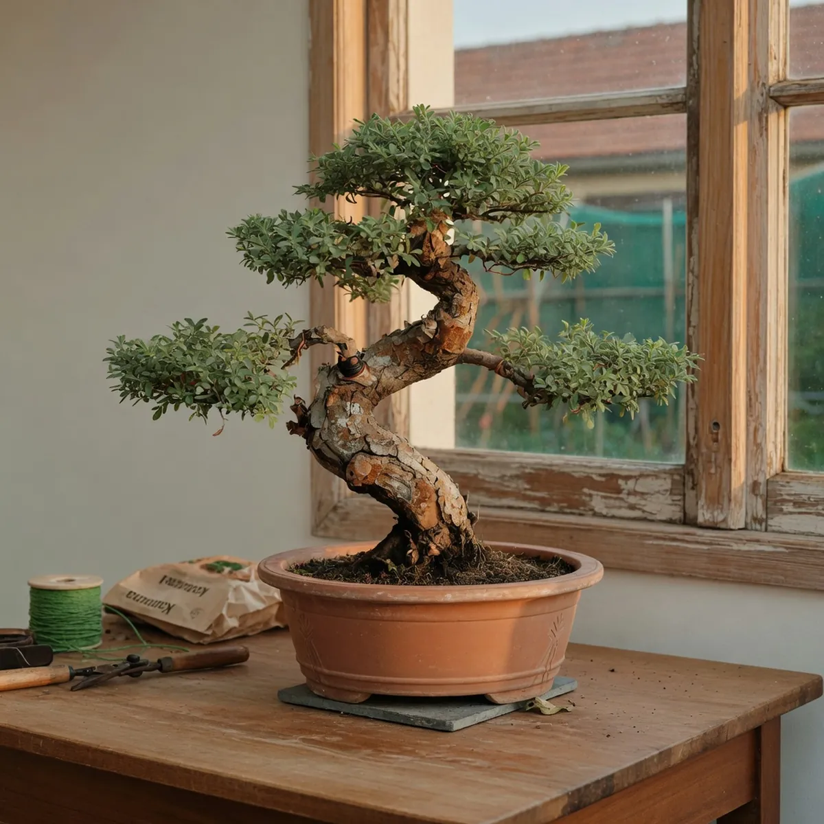 A carefully pruned bonsai tree with a twisted trunk and dense foliage in a shallow ceramic pot.
