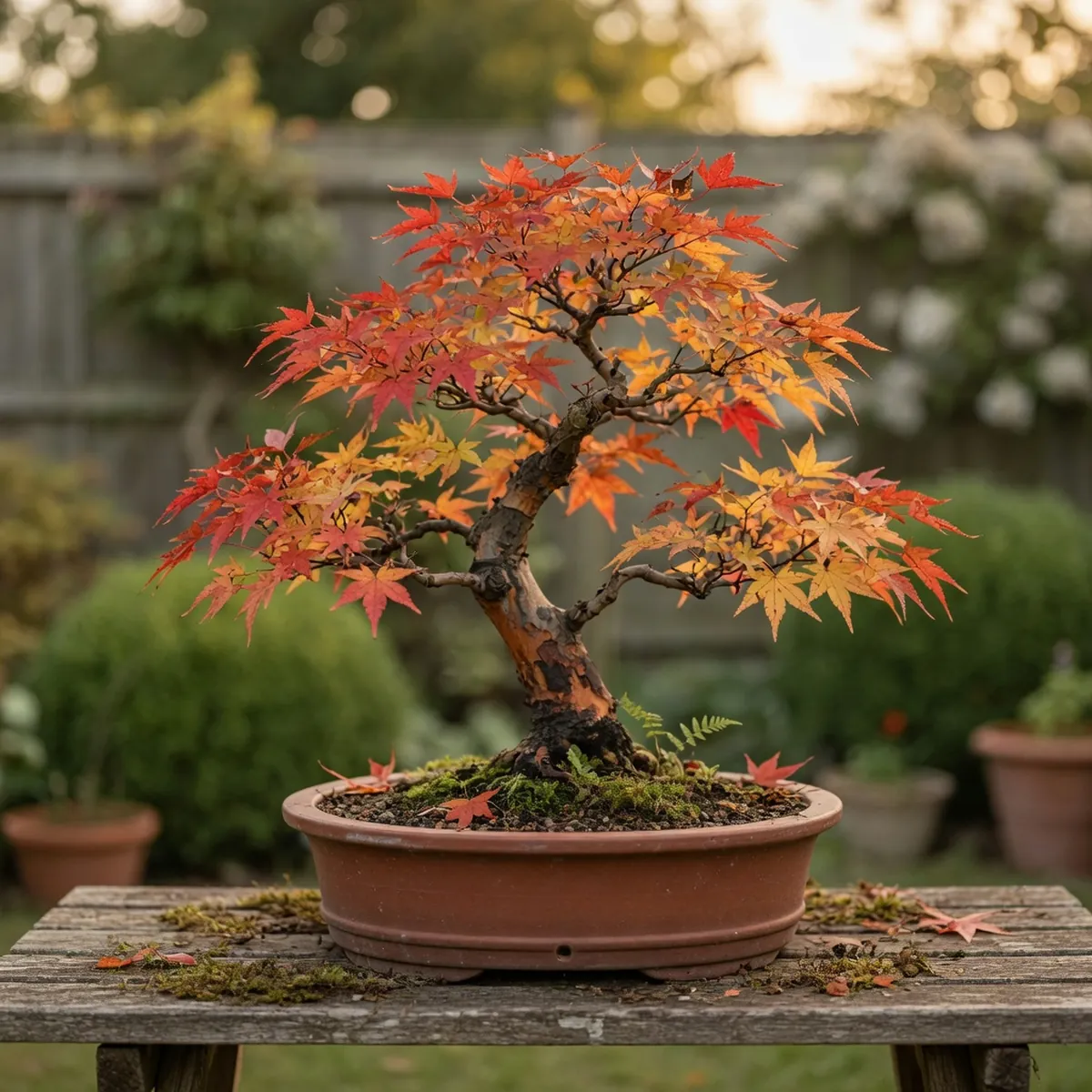 A small Japanese maple bonsai tree displaying delicate foliage with vibrant autumnal red and orange tones.