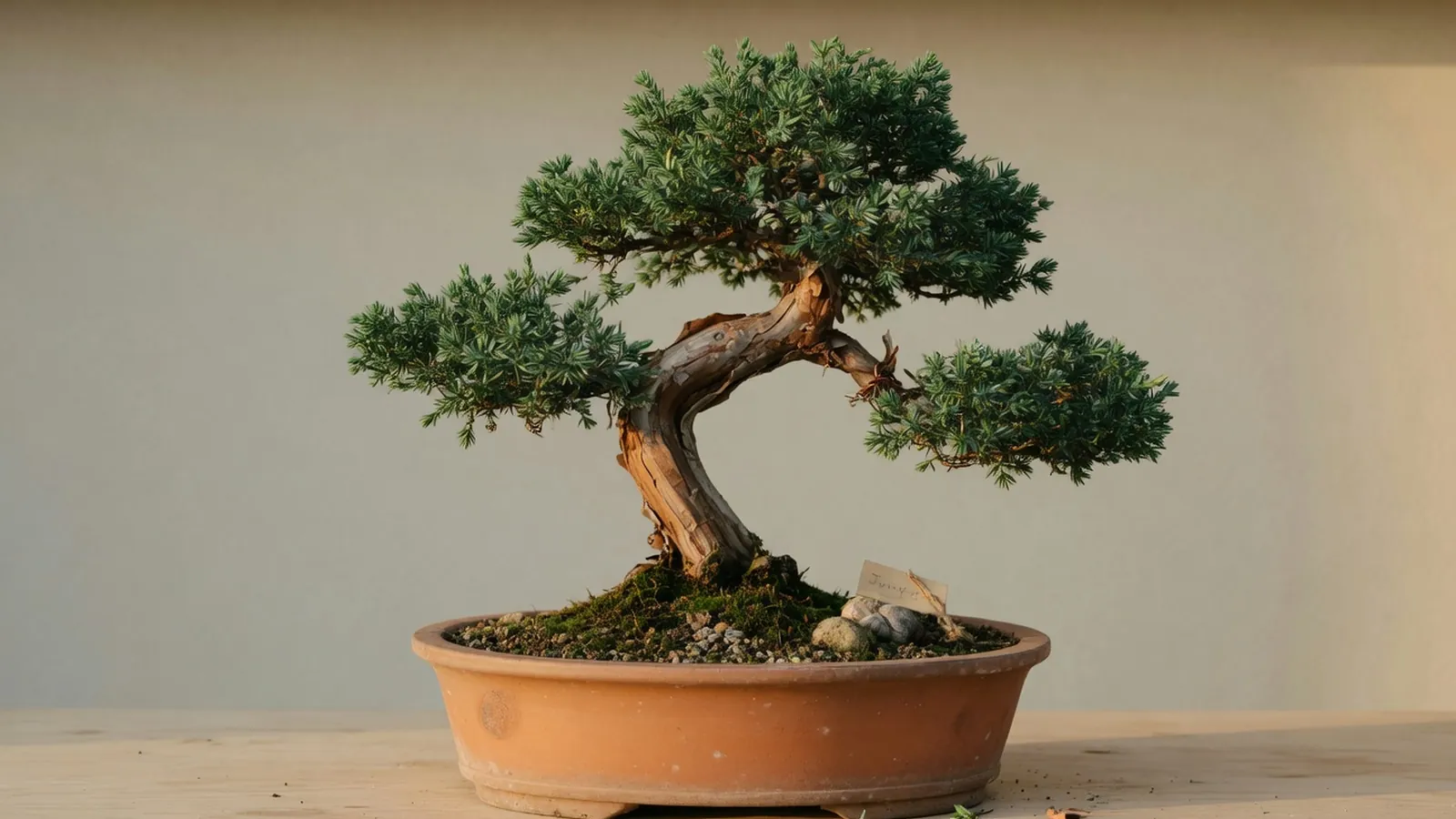 A traditional shallow ceramic pot holding a meticulously trained bonsai tree with a gracefully curved trunk and dense green foliage.