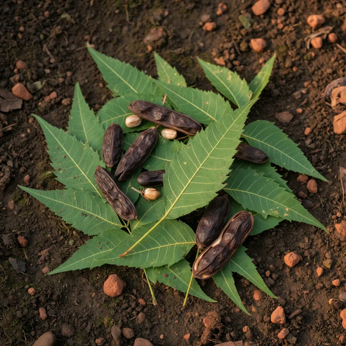A close-up view of green neem leaves and dark seed pods resting on a bed of rich soil.