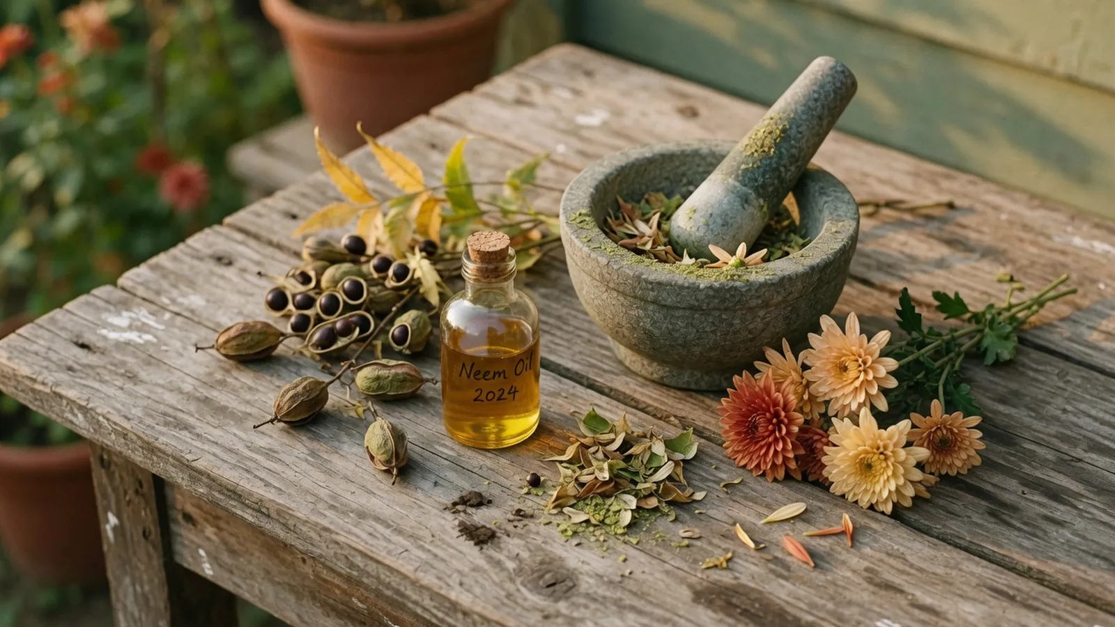 A collection of natural gardening ingredients used for pest control arranged on a rustic wooden table.