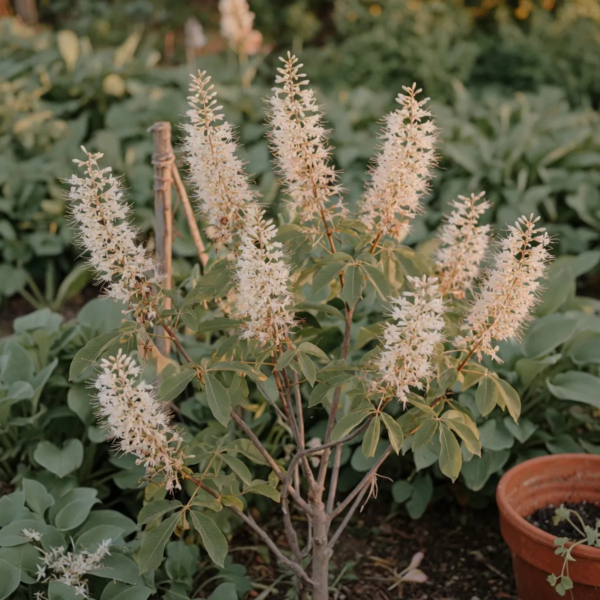 A mature bottlebrush buckeye shrub displays its characteristic upright white flower panicles.