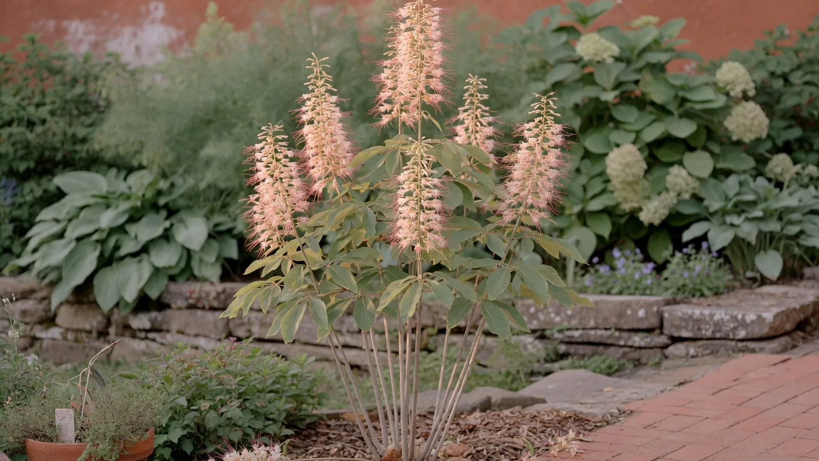 A tall bottlebrush buckeye shrub stands prominently in a landscaped garden setting.