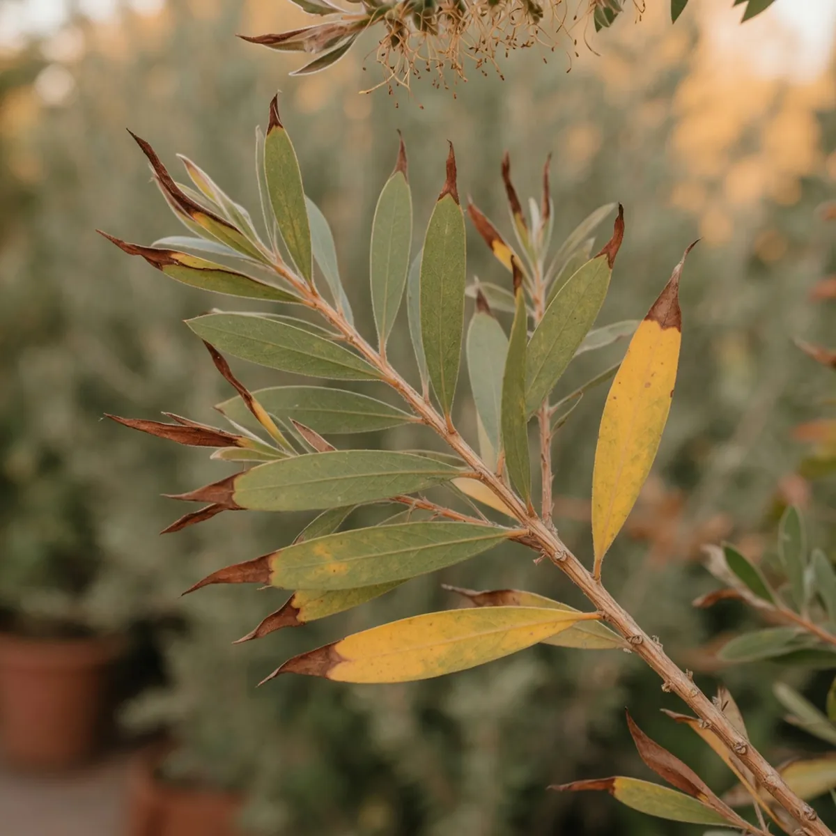 Yellowing leaves and brittle brown branches indicate early signs of root rot in a bottlebrush tree.