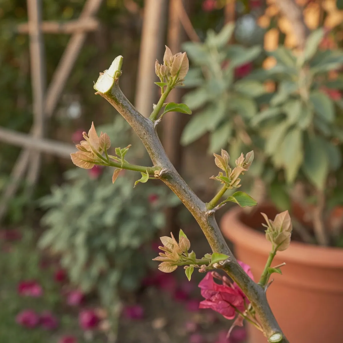 A bougainvillea stem displays fresh pruning cuts and emerging green leaf buds along the branch.