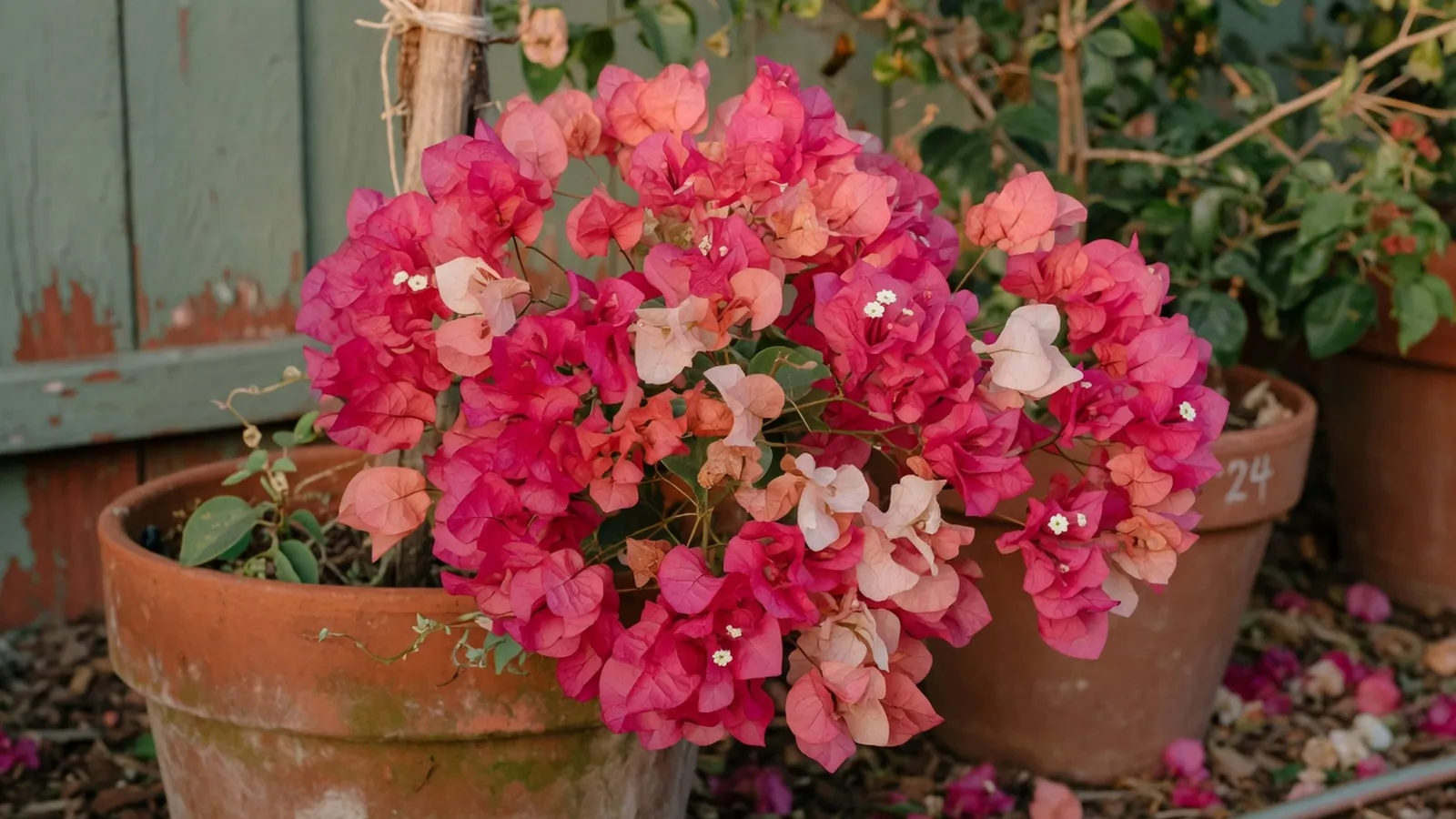 A cluster of vibrant bougainvillea bracts in full bloom against a soft-focus garden background.
