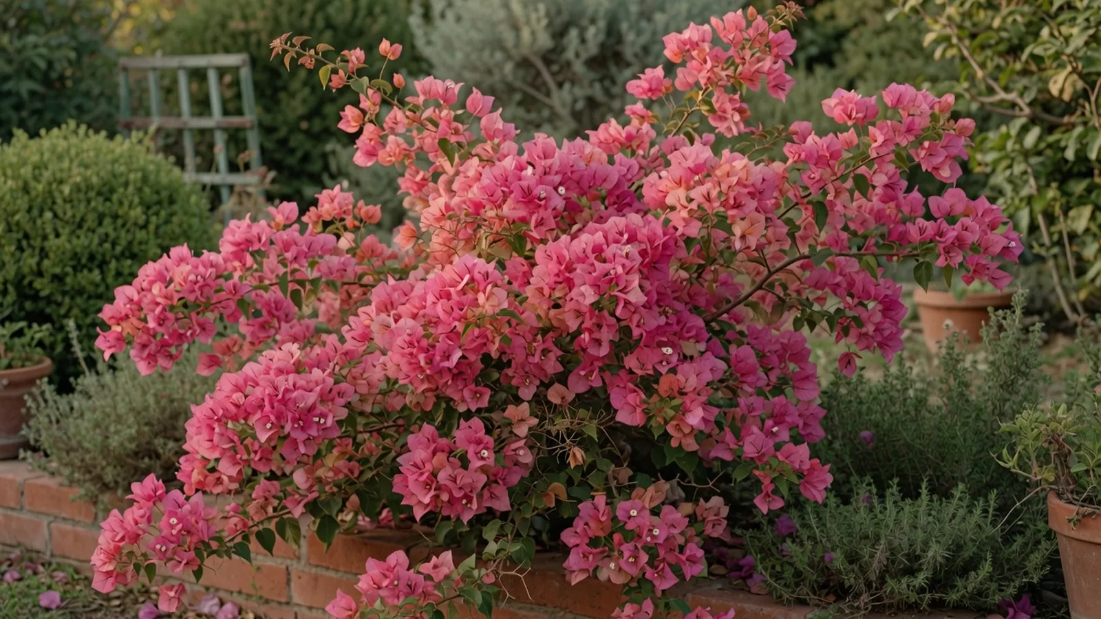 A vibrant bougainvillea bush overflowing with colorful bracts against a clear blue sky.