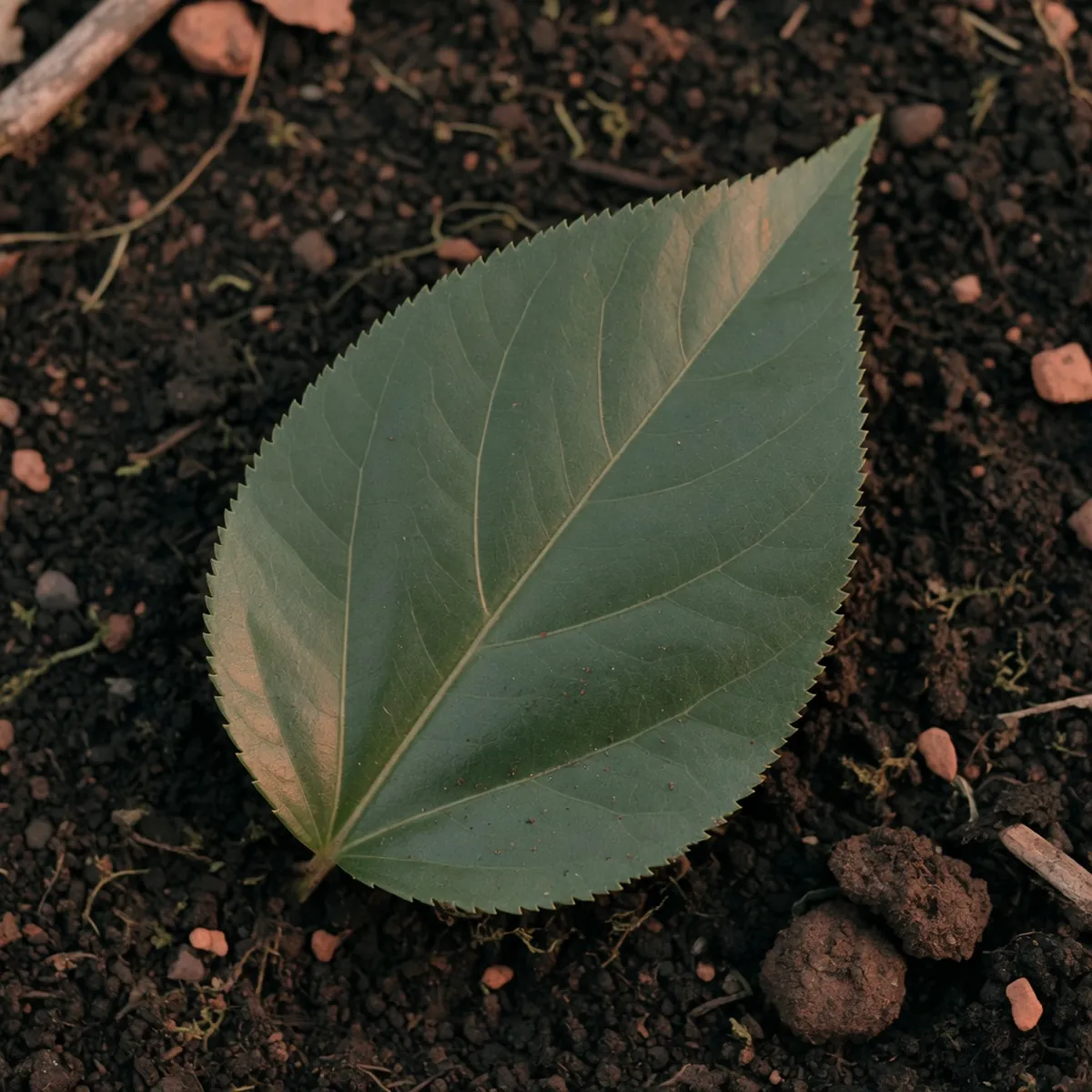 A close-up of a glossy, unlobed Bradford pear leaf showing its finely toothed edges.