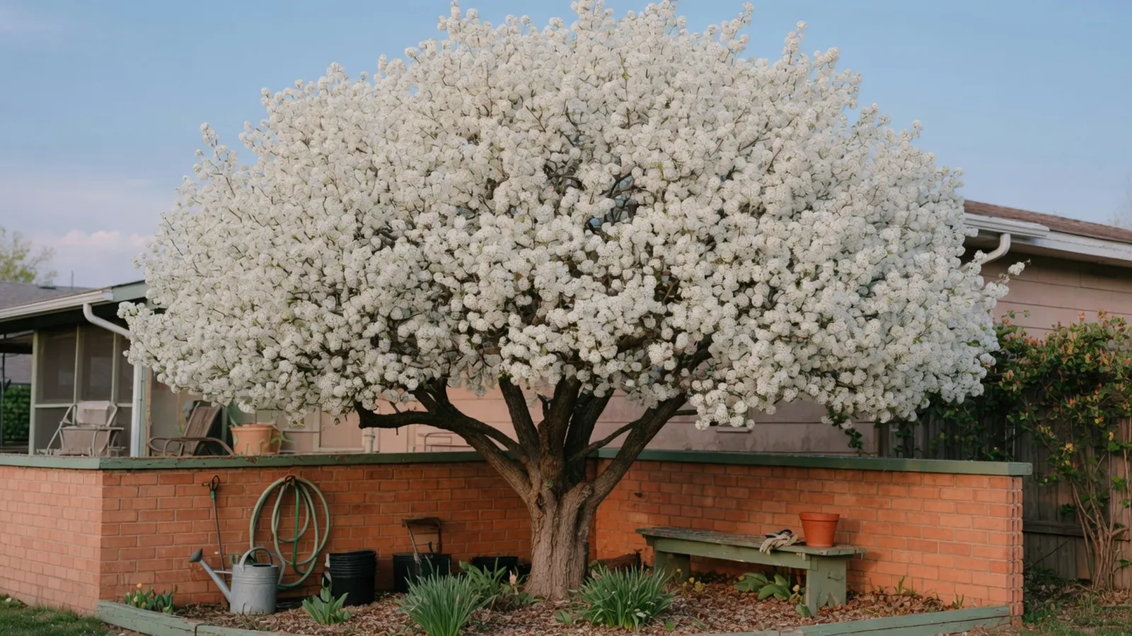 A mature Bradford pear tree displaying its characteristic dense canopy of white spring blossoms.