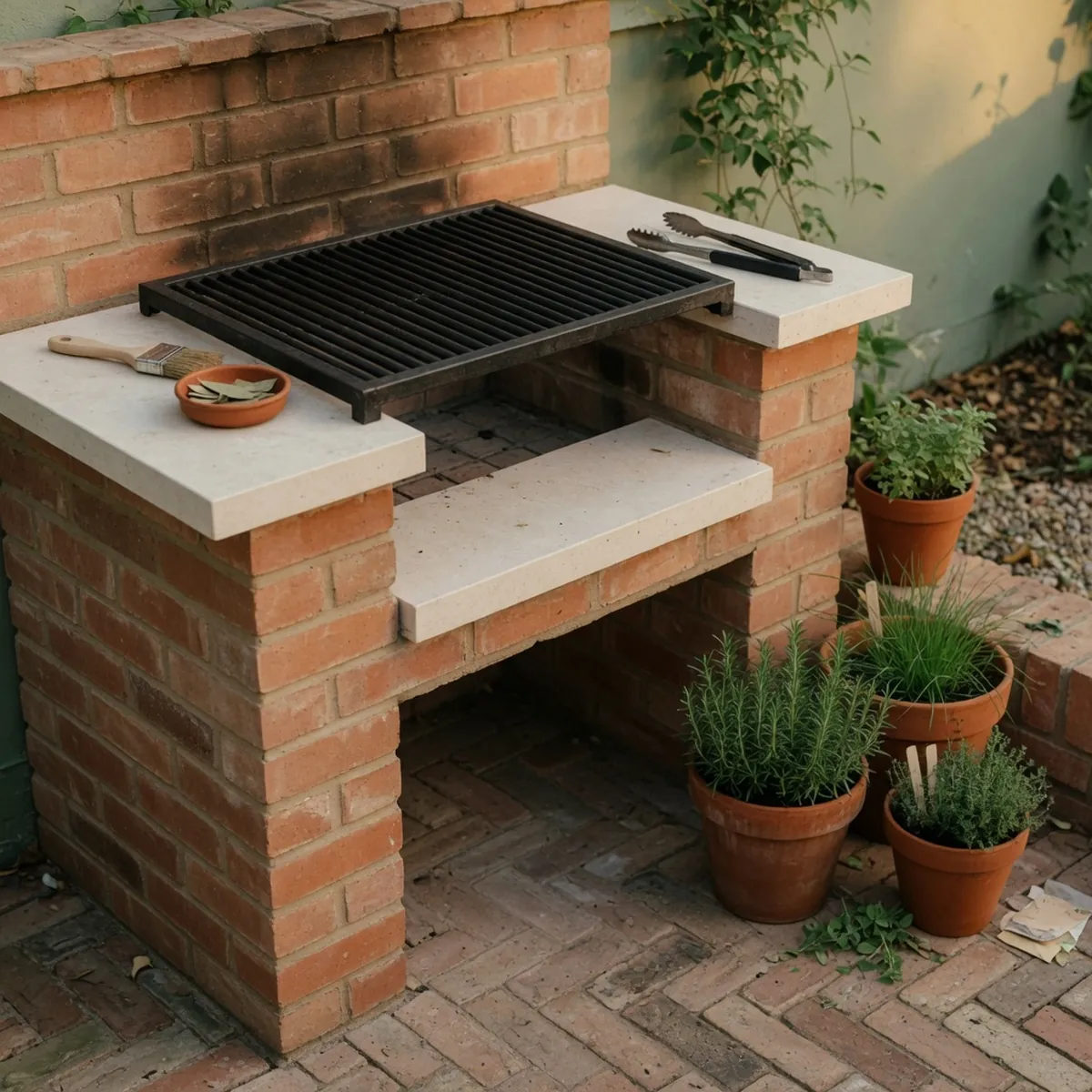 A compact brick barbecue station with a smooth stone countertop and a heavy metal grill rack.