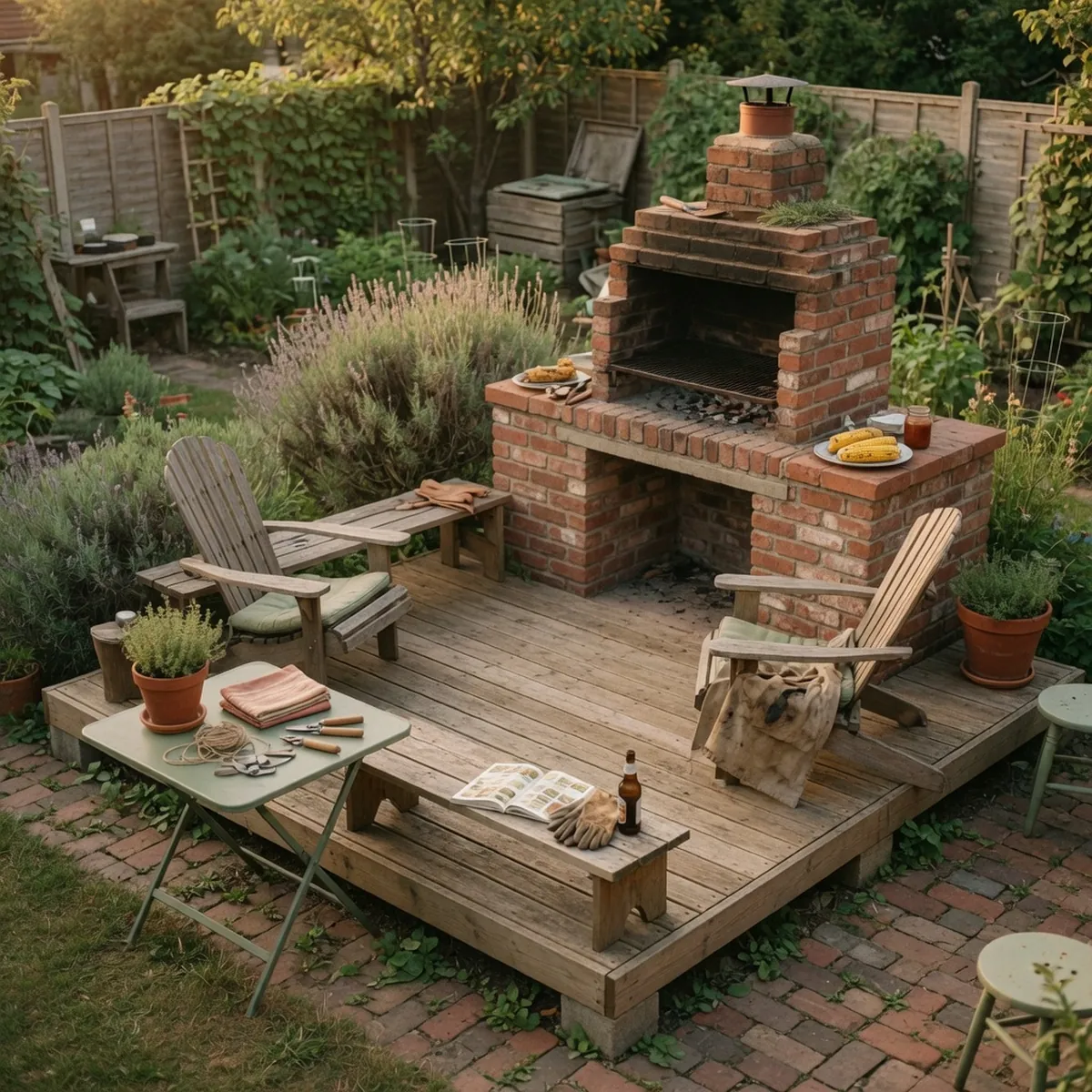 A raised wooden deck area surrounding a brick barbecue in a backyard garden.