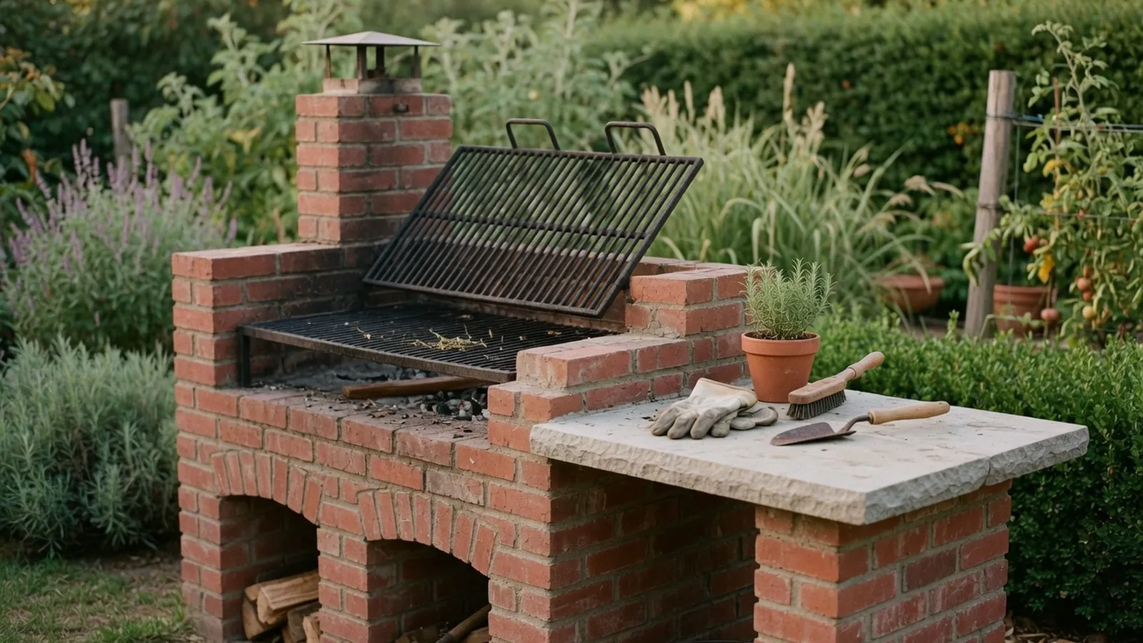 A sturdy red brick barbecue structure with a stone prep table and metal grill grate in a garden.
