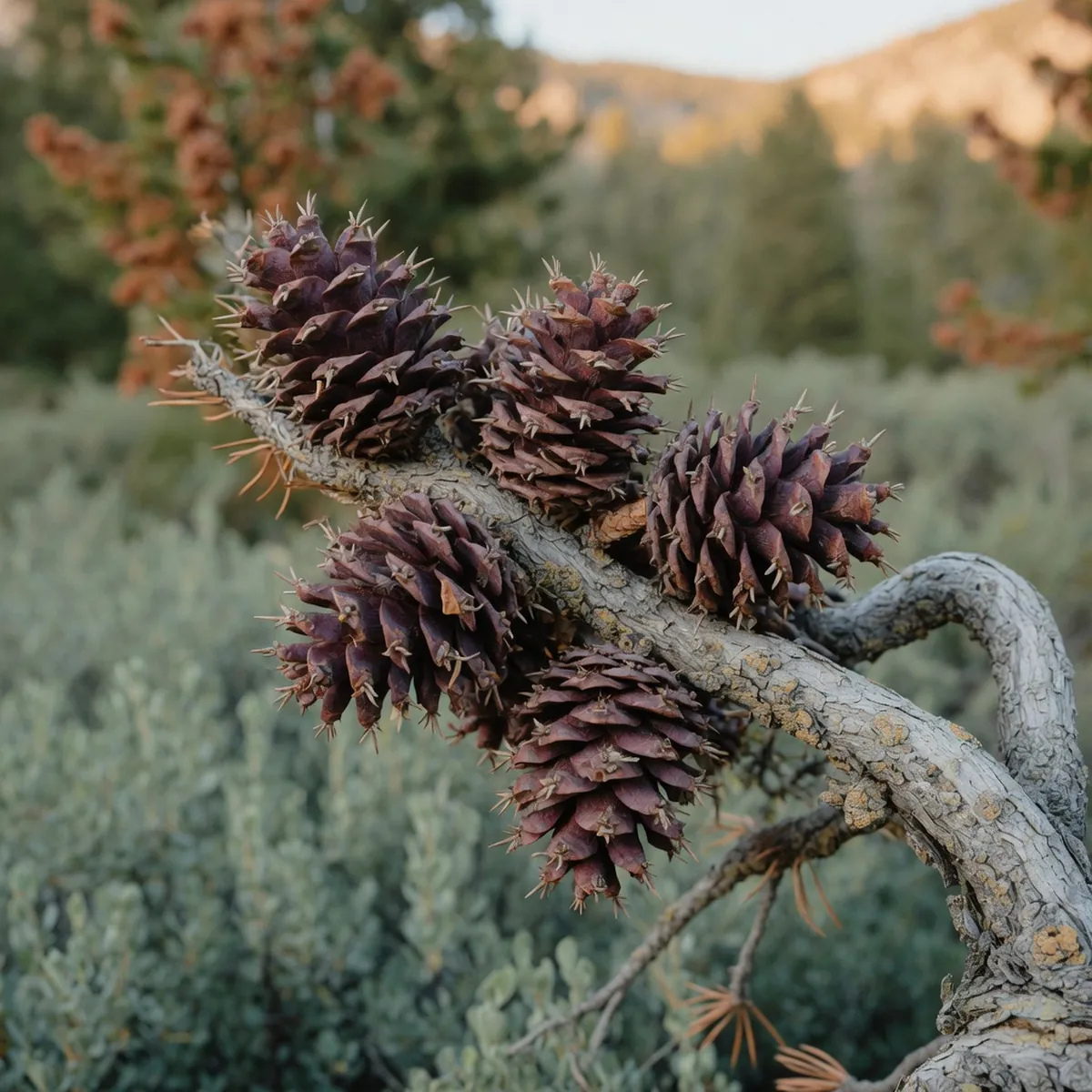 A cluster of mature bristlecone pine cones showing their bristled scales and dark purple hues.