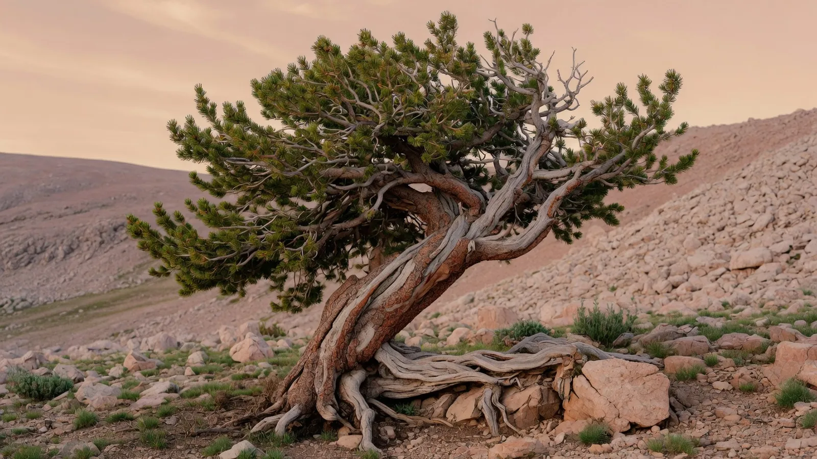 A gnarled bristlecone pine tree standing alone on a rocky mountain slope.