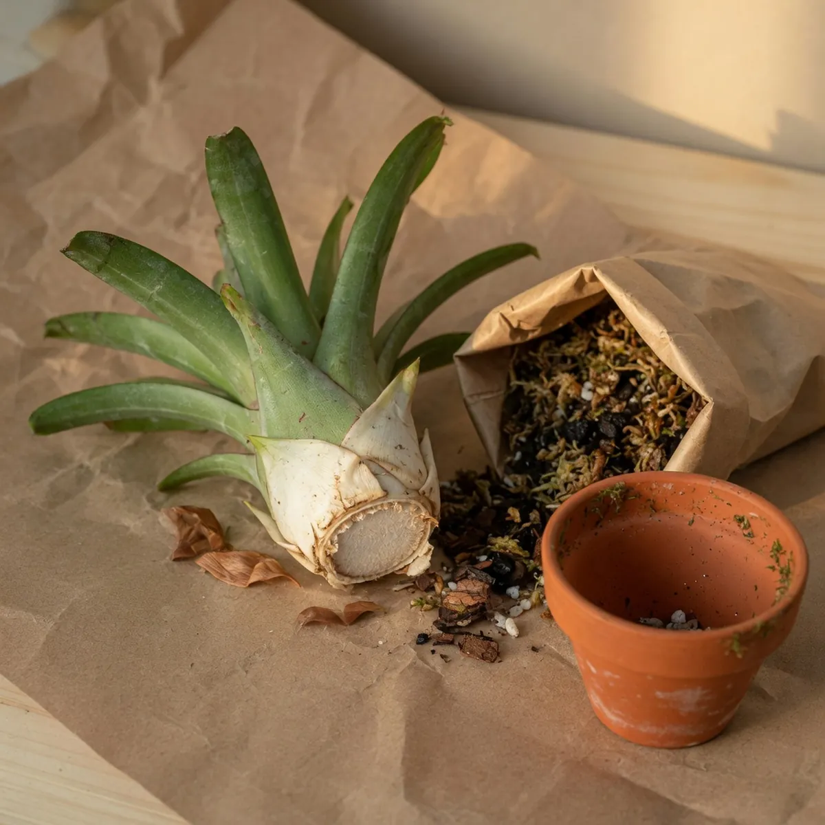 A separated bromeliad pup resting on brown paper next to potting mix and a terracotta pot.