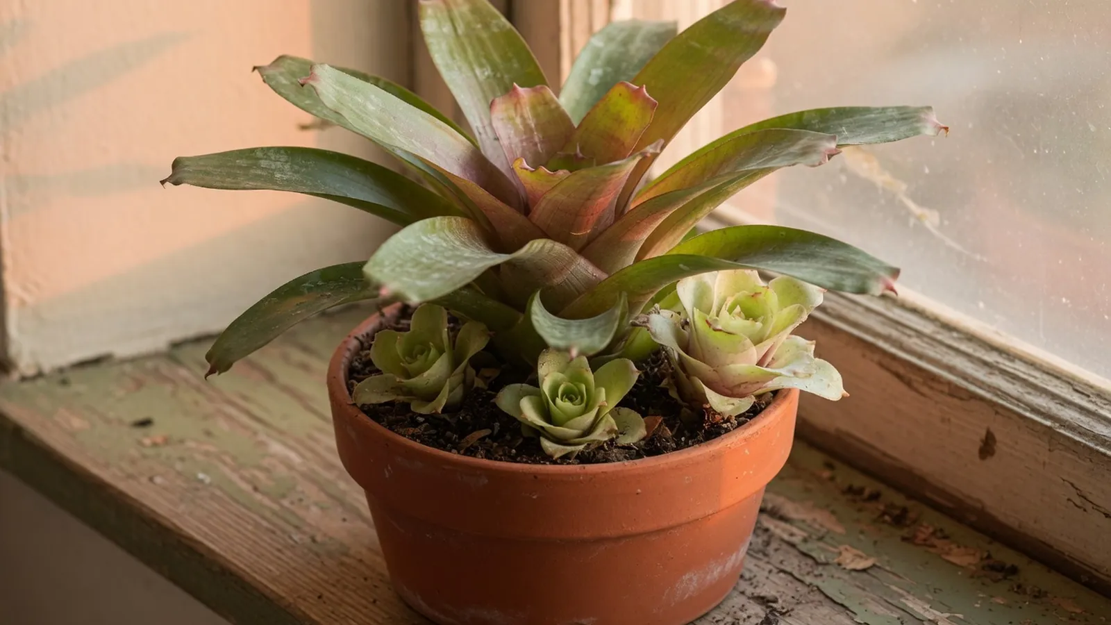 A potted bromeliad mother plant with several small pups growing at its base.