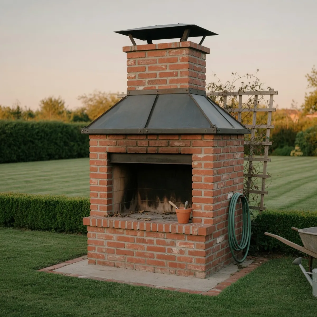 A completed outdoor brick fireplace with a metal roof cap standing on a garden lawn.