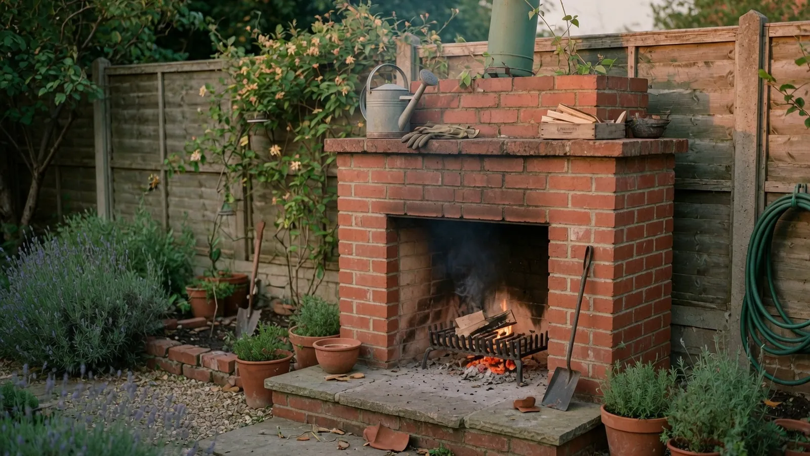 A classic outdoor brick fireplace glowing warmly in a quiet backyard garden.
