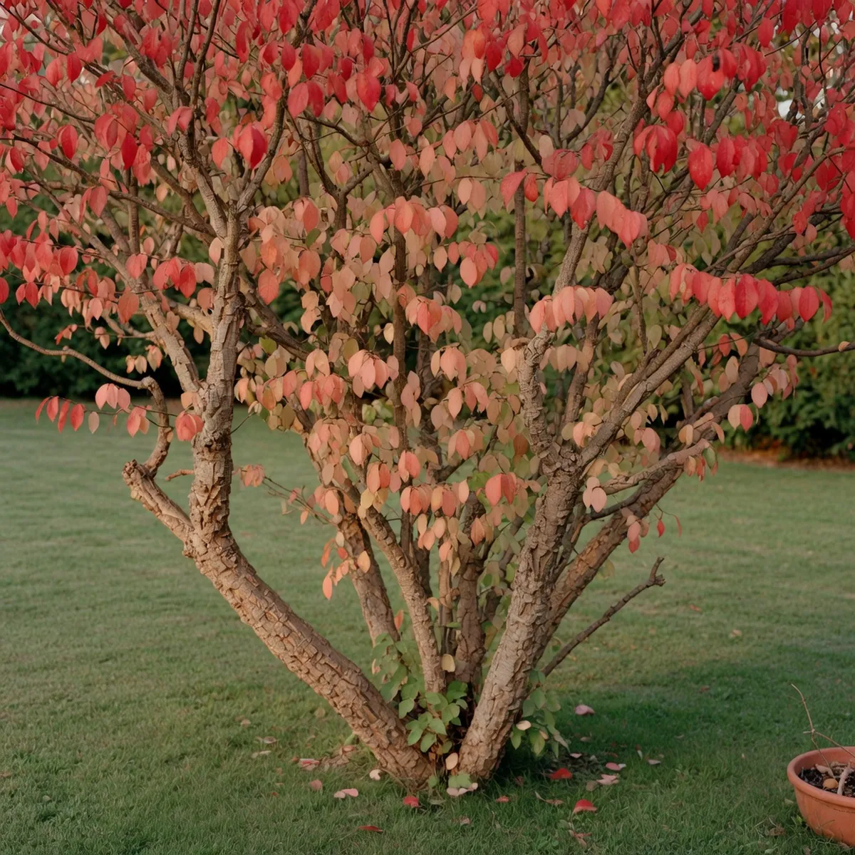 A close-up view of the shrub's textured branches and gradient red leaves against a blurred garden background.