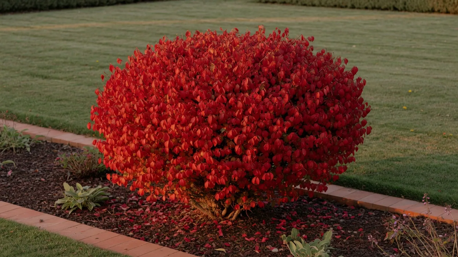 A vibrant burning bush shrub displaying brilliant red autumn foliage in a landscaped garden setting.