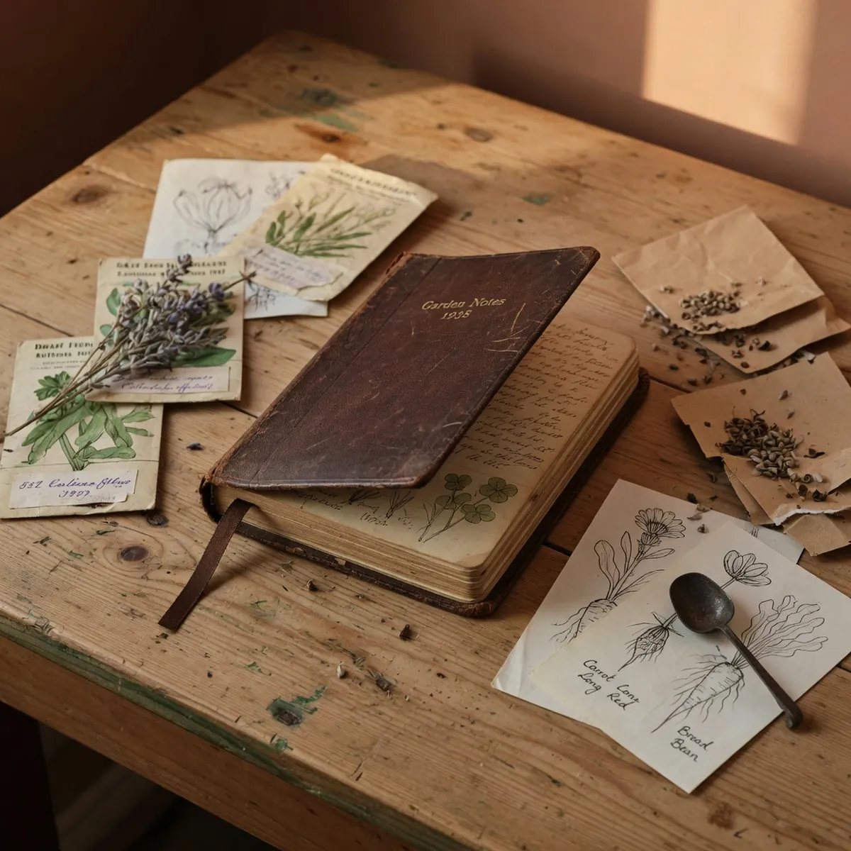 A vintage field journal open on a wooden desk alongside dried seed packets and botanical notes.