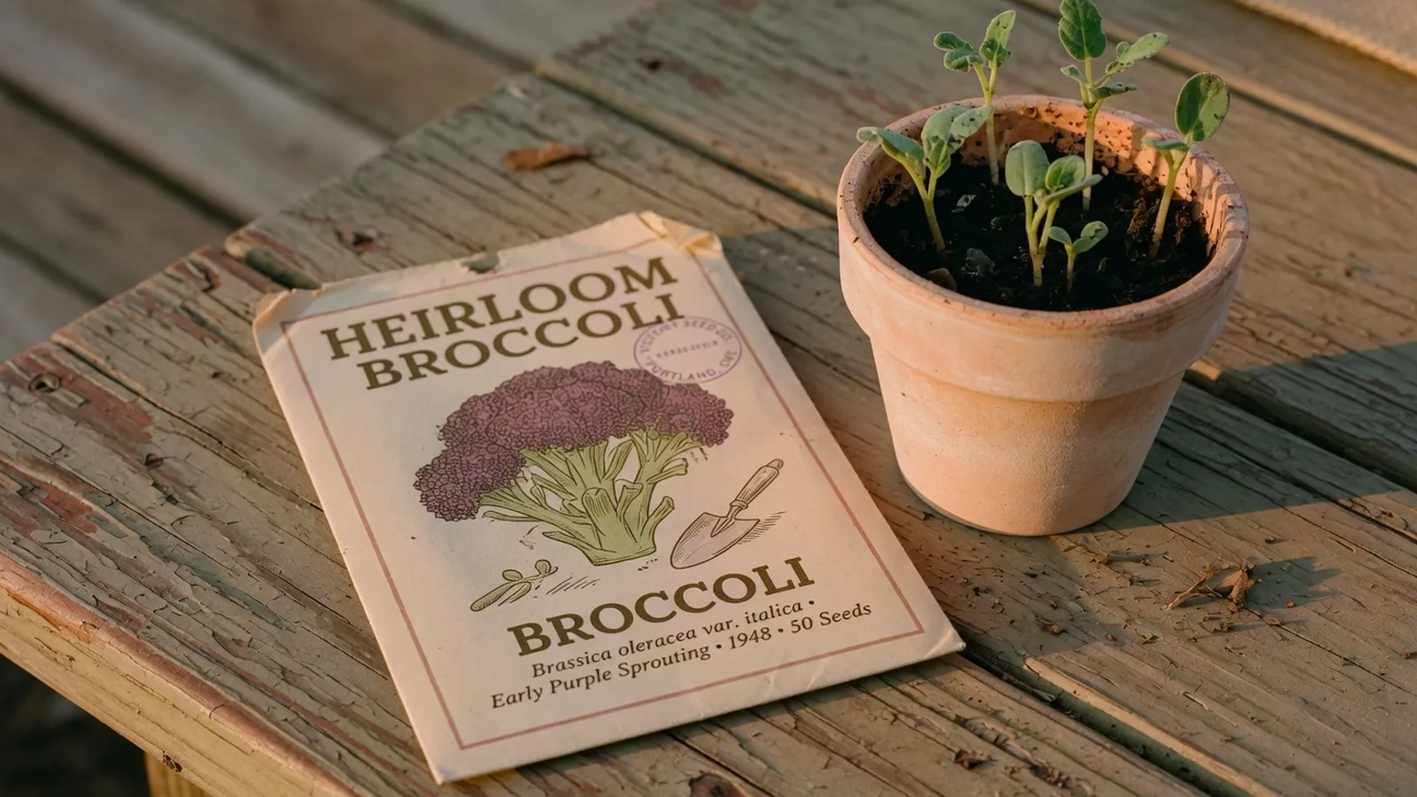 A vintage seed packet resting on a wooden table next to a small pot of young seedlings.