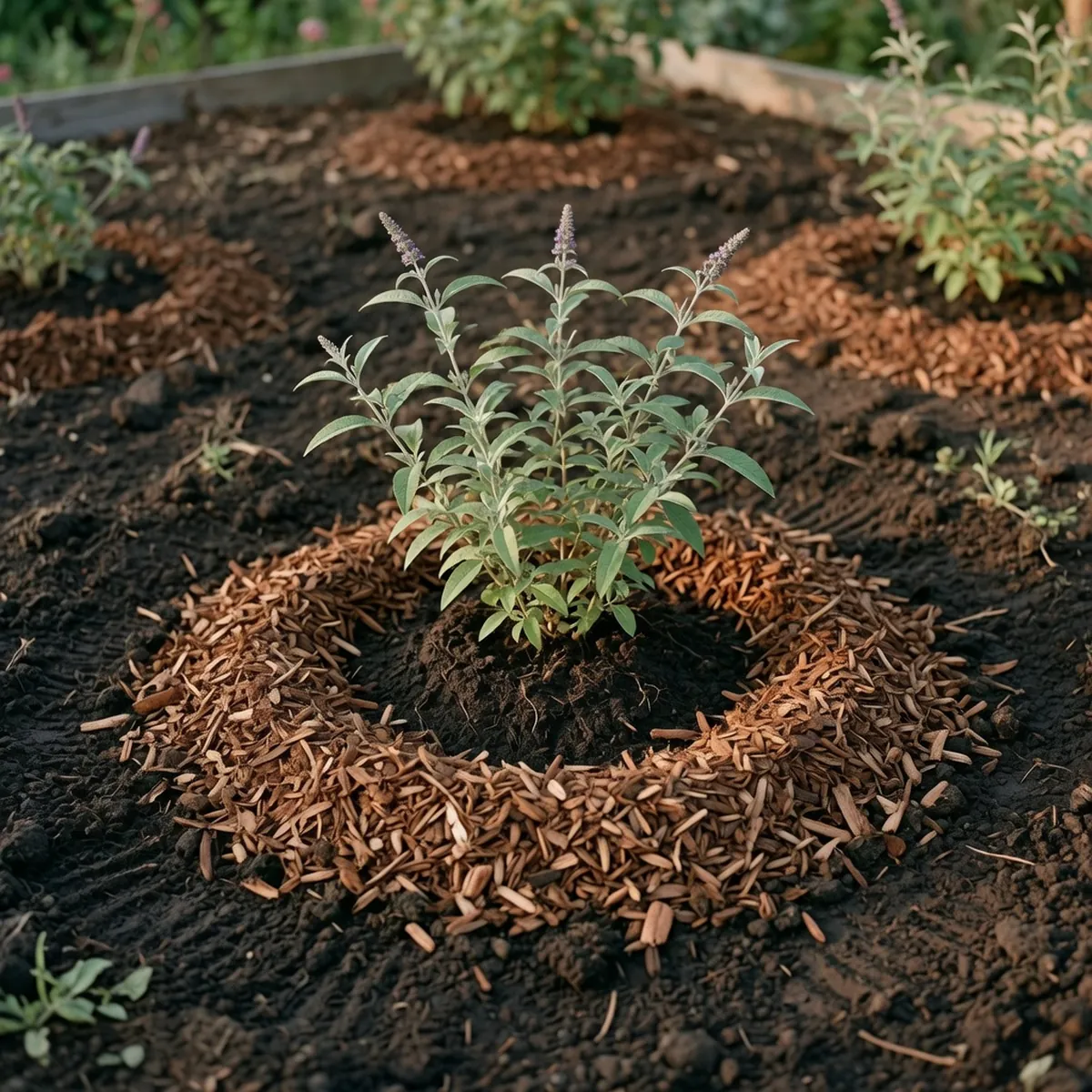 A newly planted butterfly bush shrub in prepared garden soil with mulch around its base.