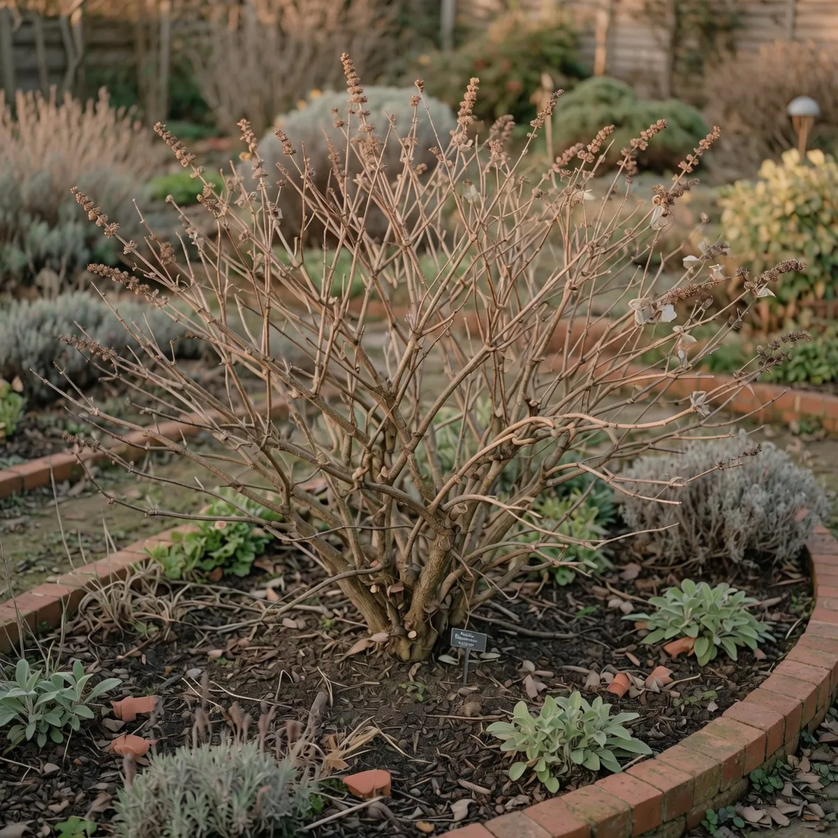 A butterfly bush shrub with bare branches ready for late winter pruning in a garden bed.