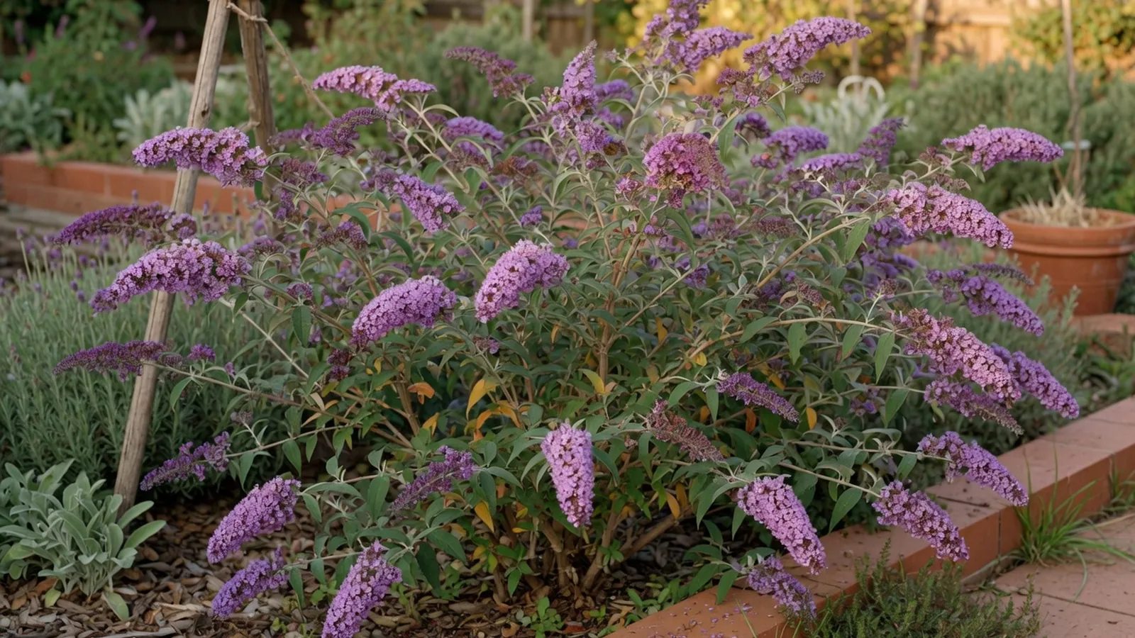 A mature butterfly bush shrub in full bloom with clusters of purple flowers in a sunny garden.