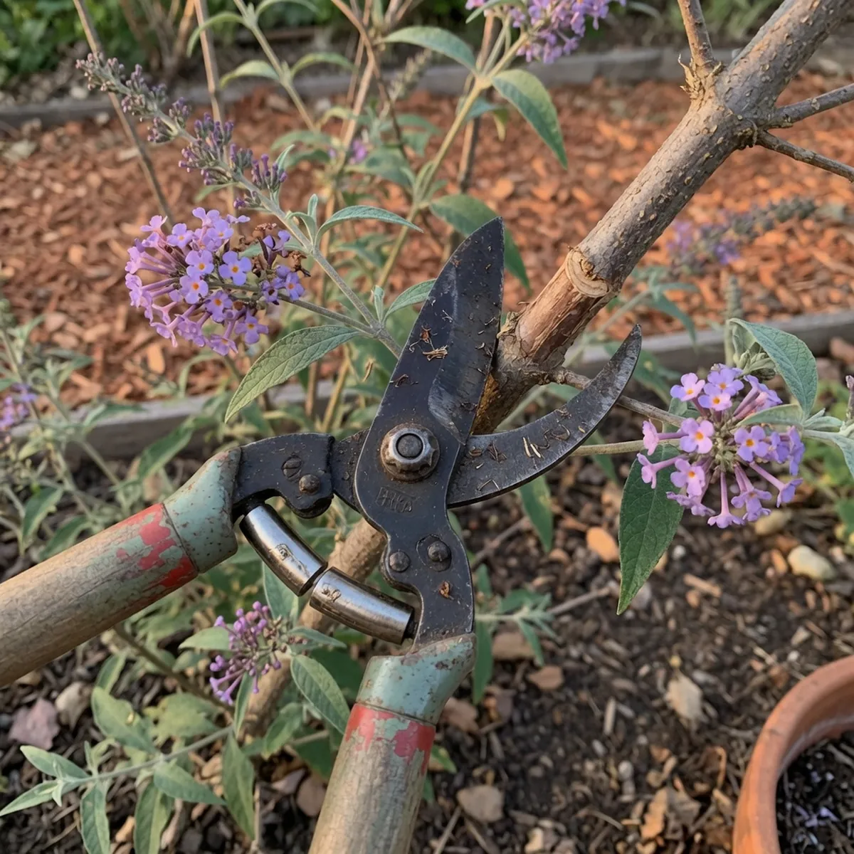 Pruning shears trimming a woody stem on a butterfly bush shrub in a garden bed.