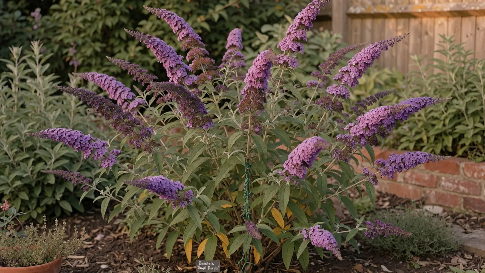 A healthy butterfly bush shrub in full bloom with purple flower spikes in a garden setting.