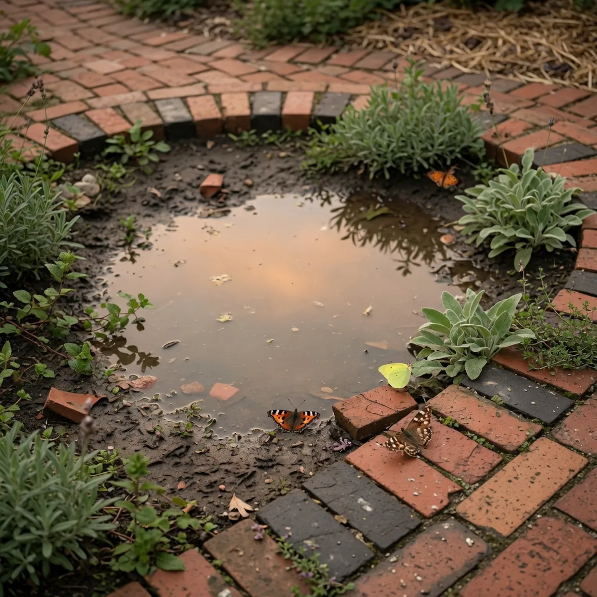 A shallow garden puddle bordered by red and black bricks with butterflies resting nearby.