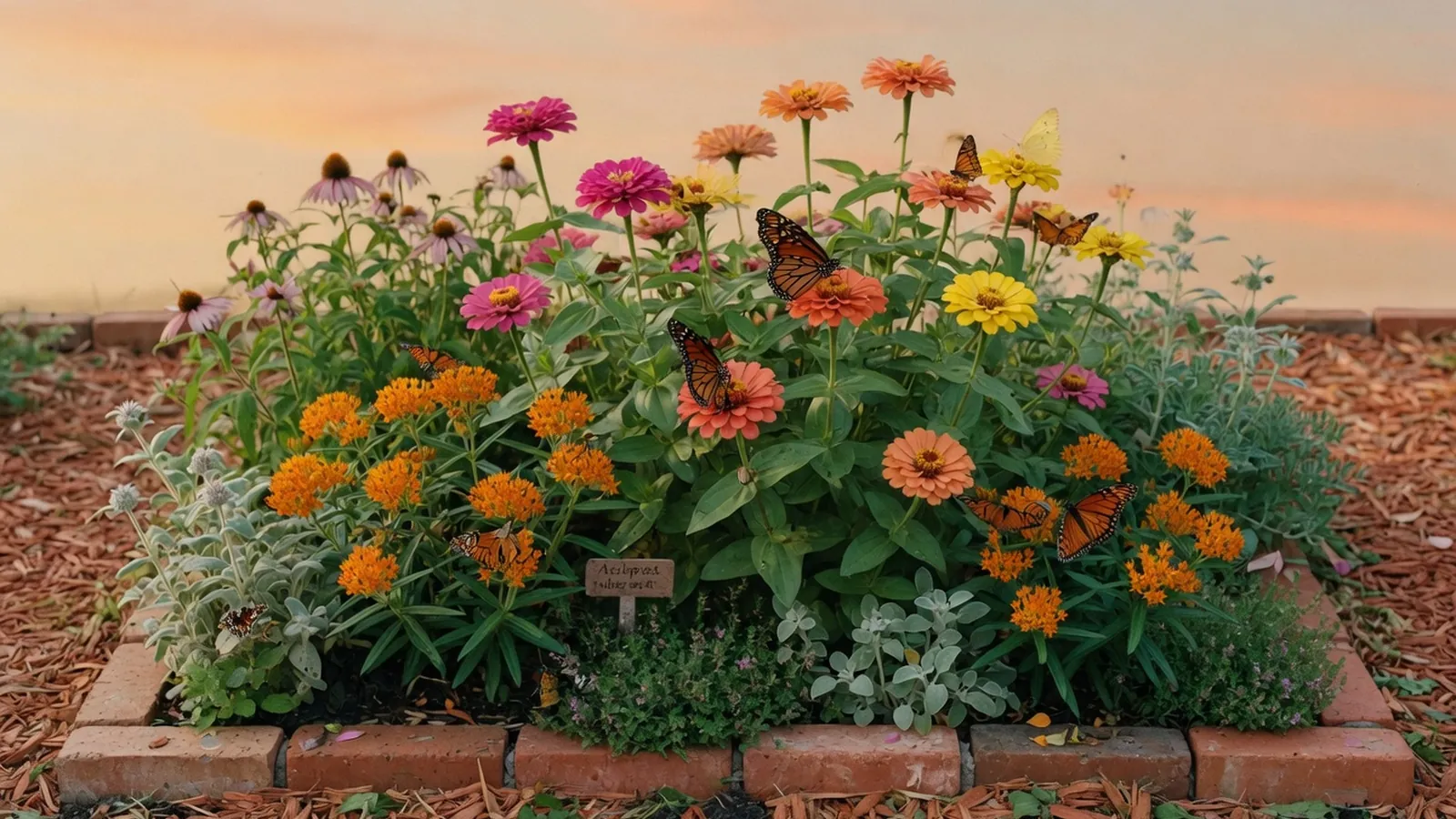 A vibrant garden bed filled with blooming nectar plants and feeding butterflies.