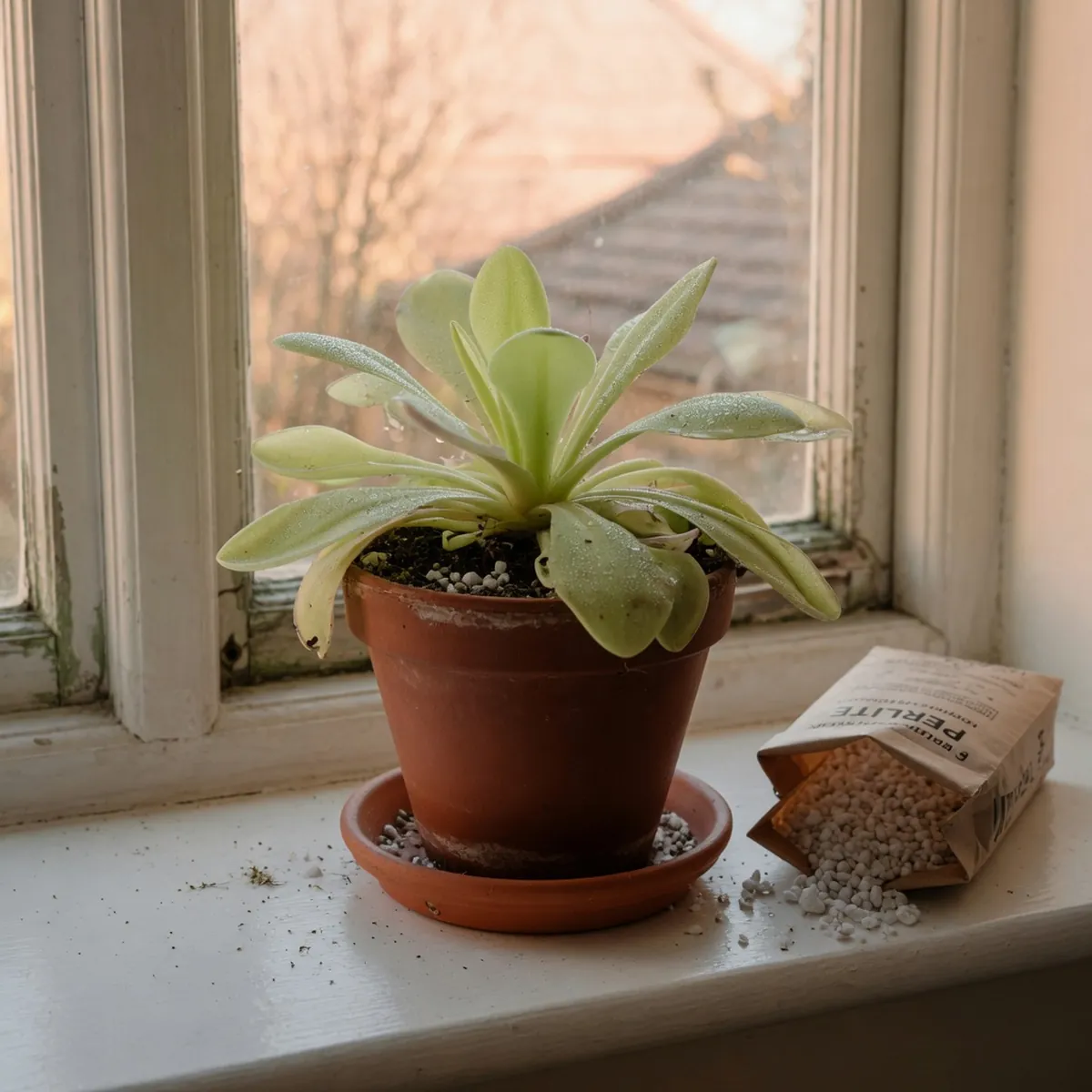 A potted butterwort plant with glistening leaves sits on a bright windowsill beside a small bag of perlite.