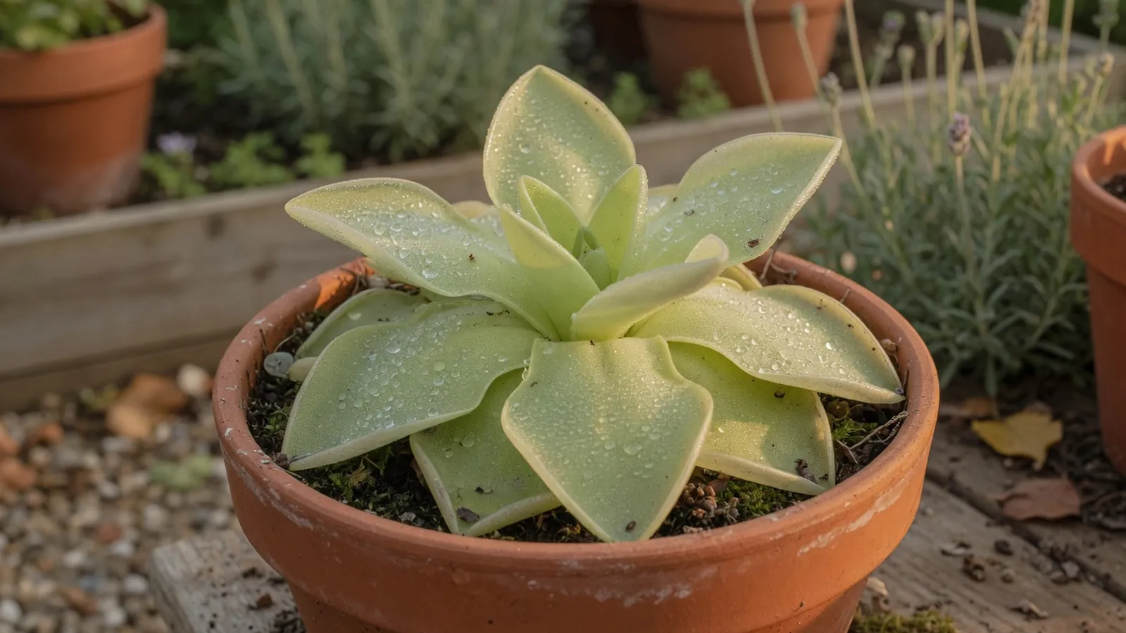 A healthy butterwort plant in a shallow ceramic pot displays its glistening green leaves.