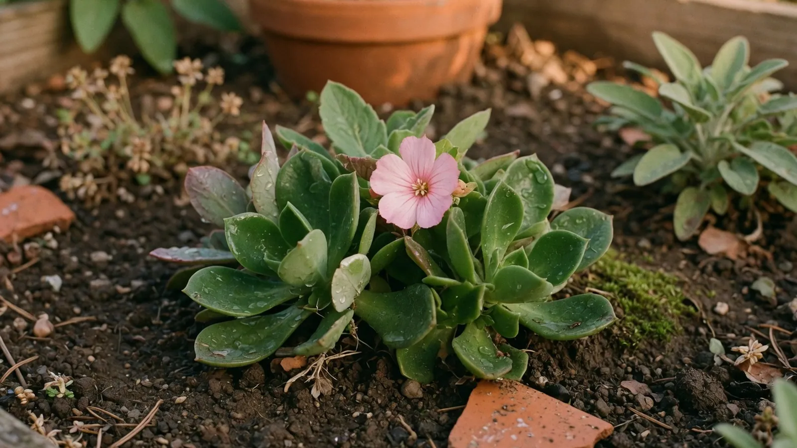A glossy green butterwort plant with a single delicate flower growing in damp soil.