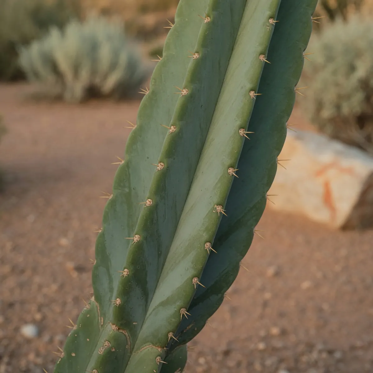 A close-up view of a thick green cactus stem with a visible waxy coating and spines.