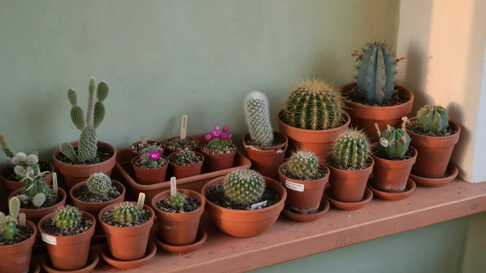 A diverse arrangement of small potted cacti in terracotta containers on a bright windowsill.