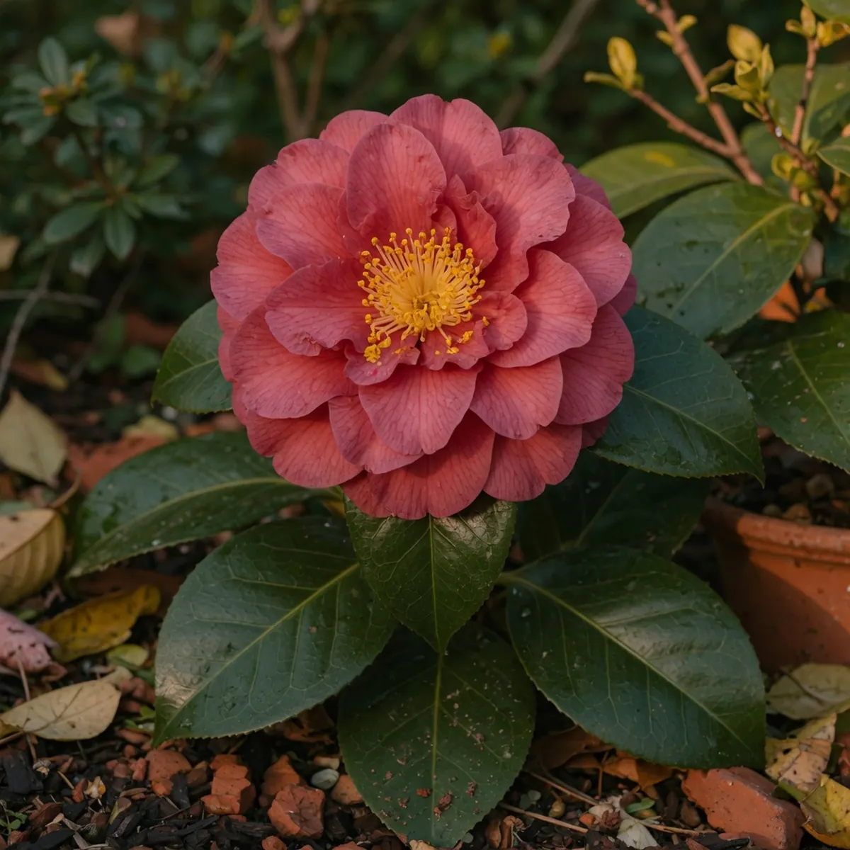 A close-up view of a single camellia blossom showing its intricate layered petals and bright yellow stamen cluster.