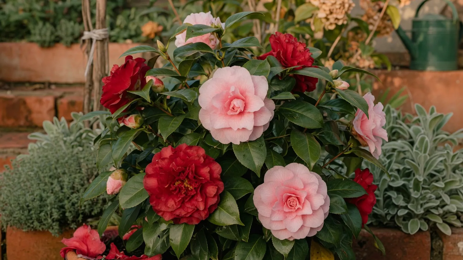 A glossy evergreen camellia shrub displaying large, layered blooms in shades of crimson and soft pink against a blurred garden backdrop.