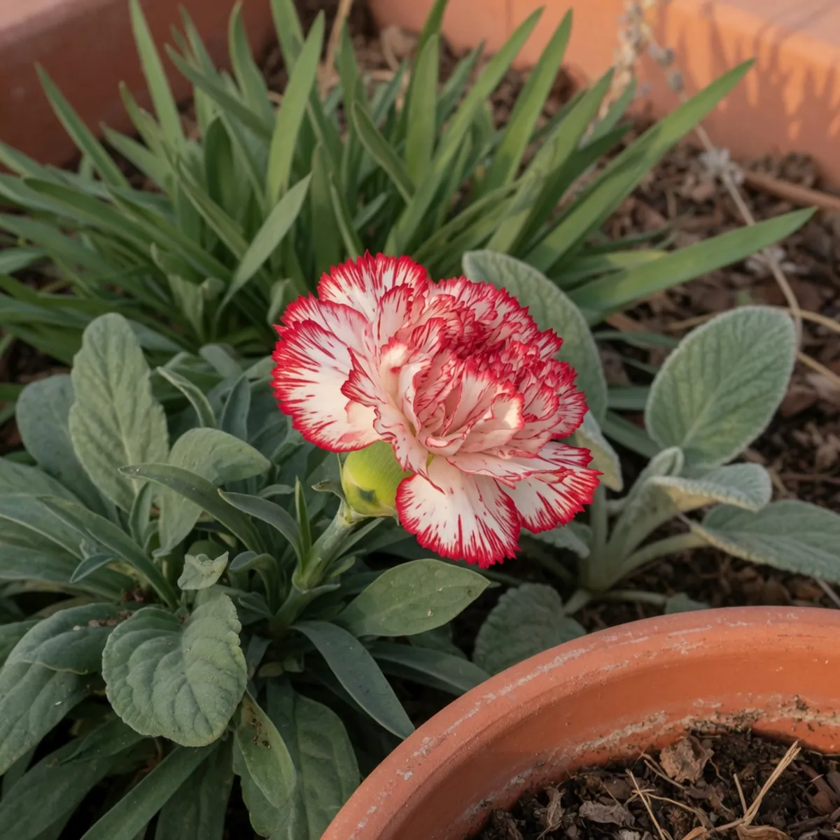 A close-up of a single striped carnation bloom showing distinct red and white petal edges against soft green foliage.