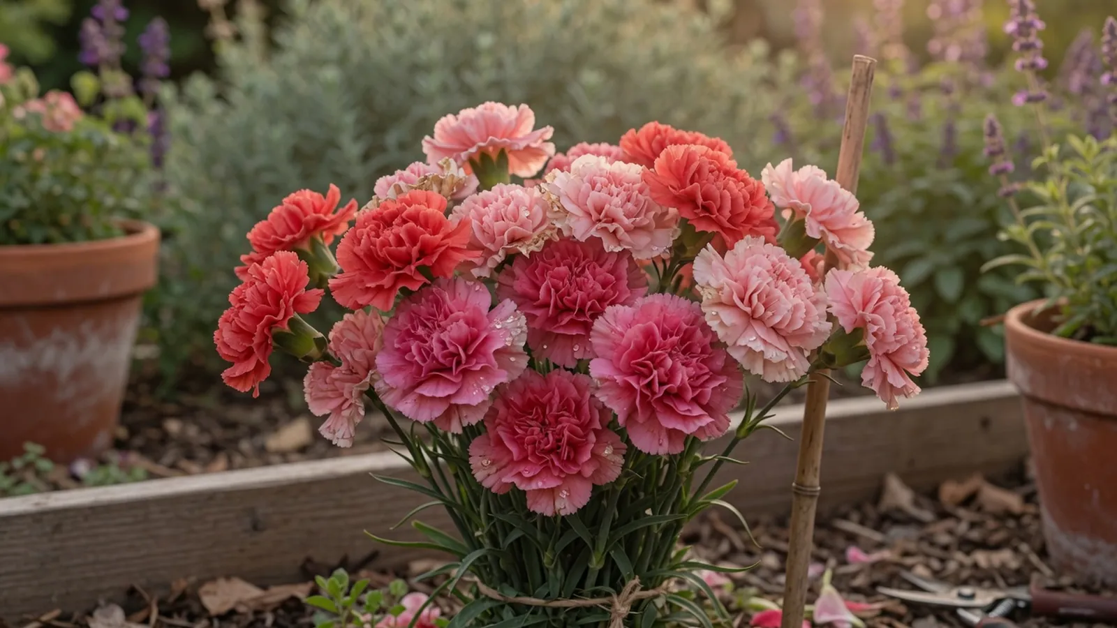 A vibrant cluster of pink and red carnation blooms in full bloom against a softly blurred garden background.
